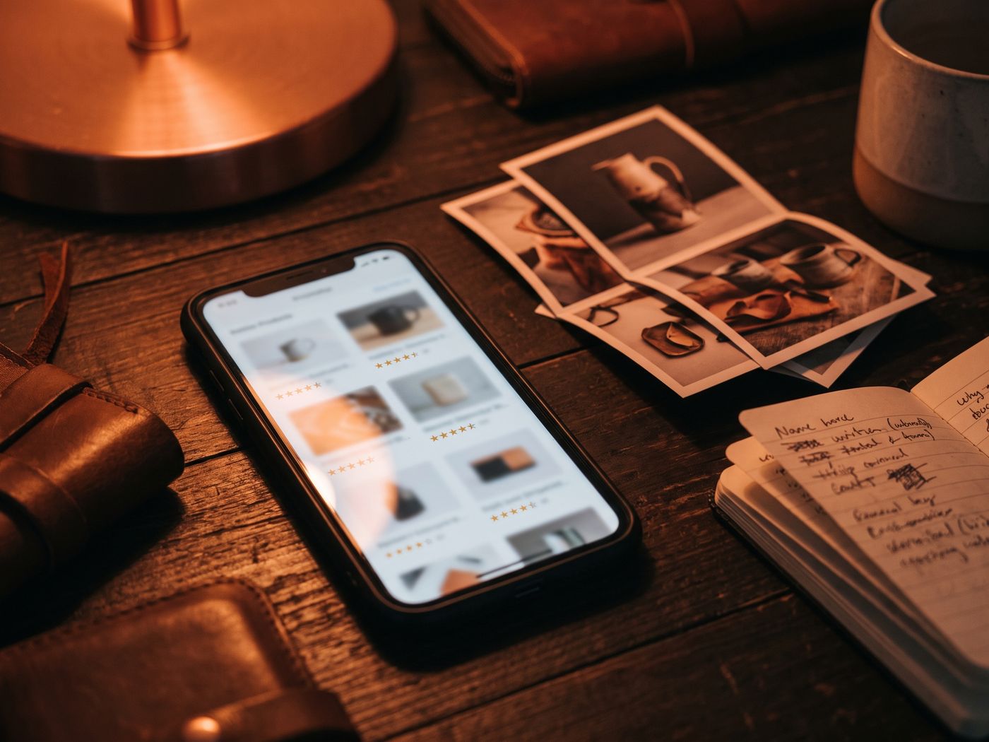 Smartphone mit Produktempfehlungs-Feed neben Produktfotos und Notizen auf einem dunklen Schreibtisch