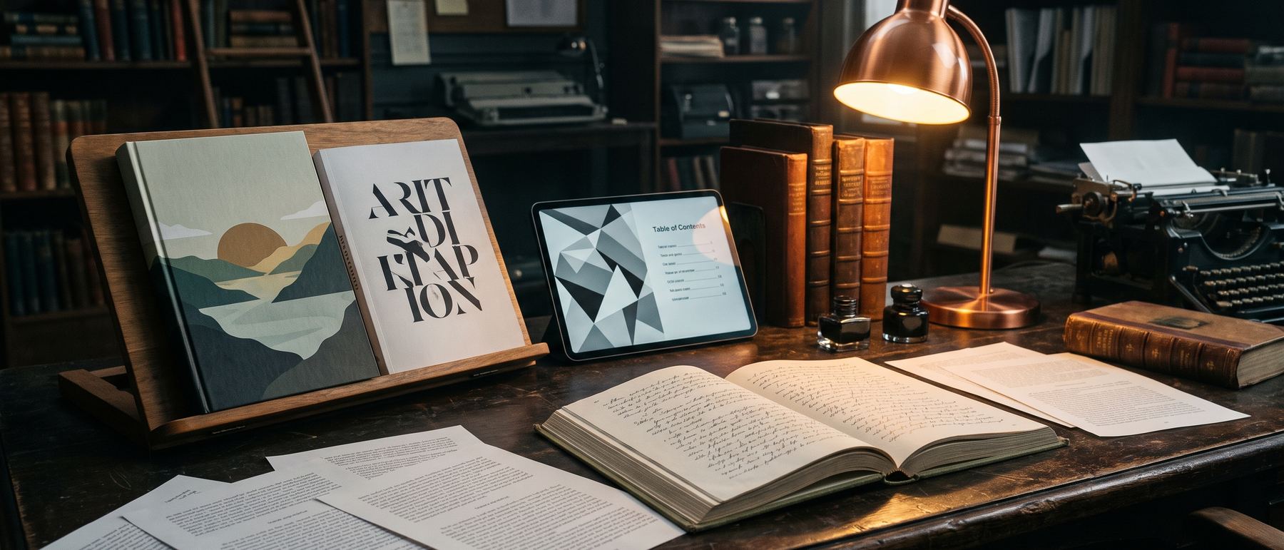 Publishing-Arbeitsplatz mit Manuskript, Seitenkorrekturen und Cover-Entwürfen