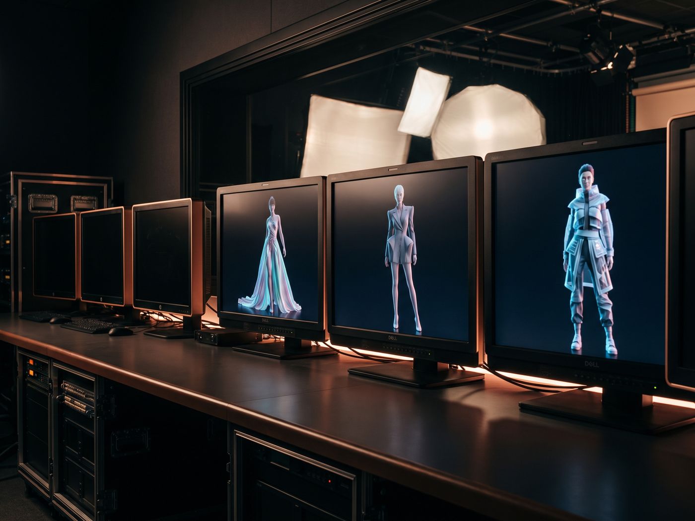 Reihe von Studio-Monitoren mit derselben virtuellen Figur in unterschiedlichen Outfits und Posen