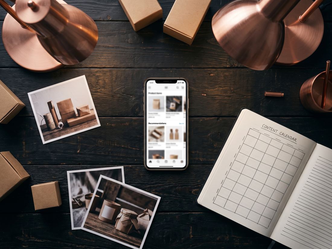 Smartphone mit Produktempfehlungen neben Produktfotos und einem Content-Kalender