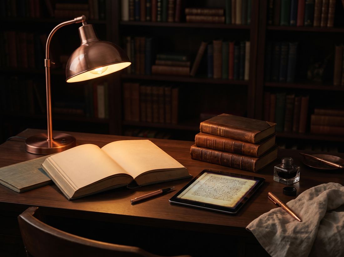 Aufgeschlagenes Buch neben Tablet mit Manuskript und Bücherstapel