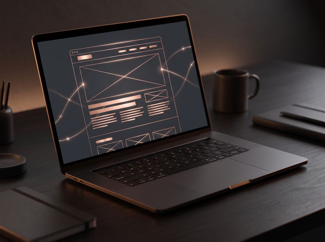 Laptop mit abstraktem Website-Wireframe in Kupferlinien