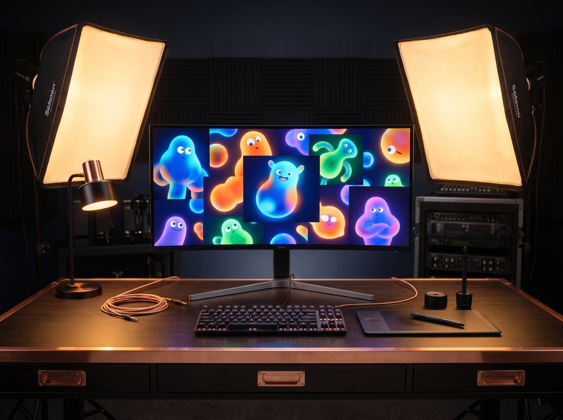 Content-Produktionsdesk mit Monitor voller Figuren-Illustrationen